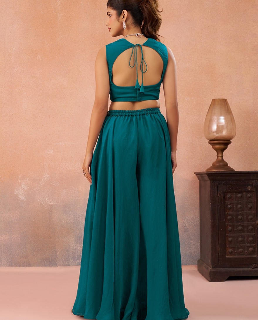 BLUE - Teal Blue Organza Beads Embroidered Crop Top with Flared Cape & Flared Palazzo Set