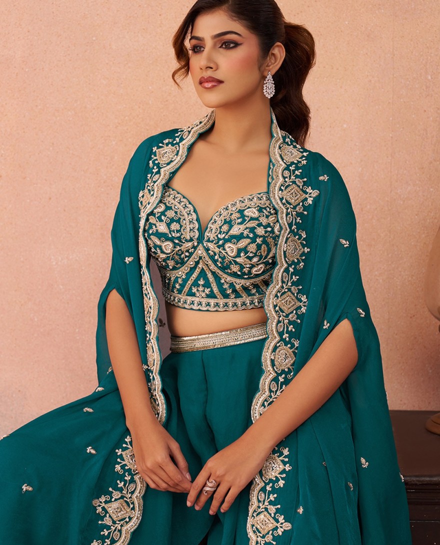 BLUE - Teal Blue Organza Beads Embroidered Crop Top with Flared Cape & Flared Palazzo Set