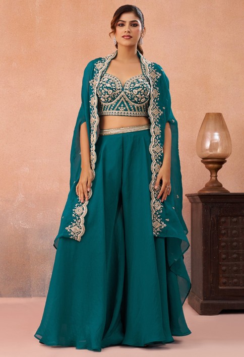 Teal Blue Organza Beads Embroidered Crop Top with Flared Cape & Flared Palazzo Set