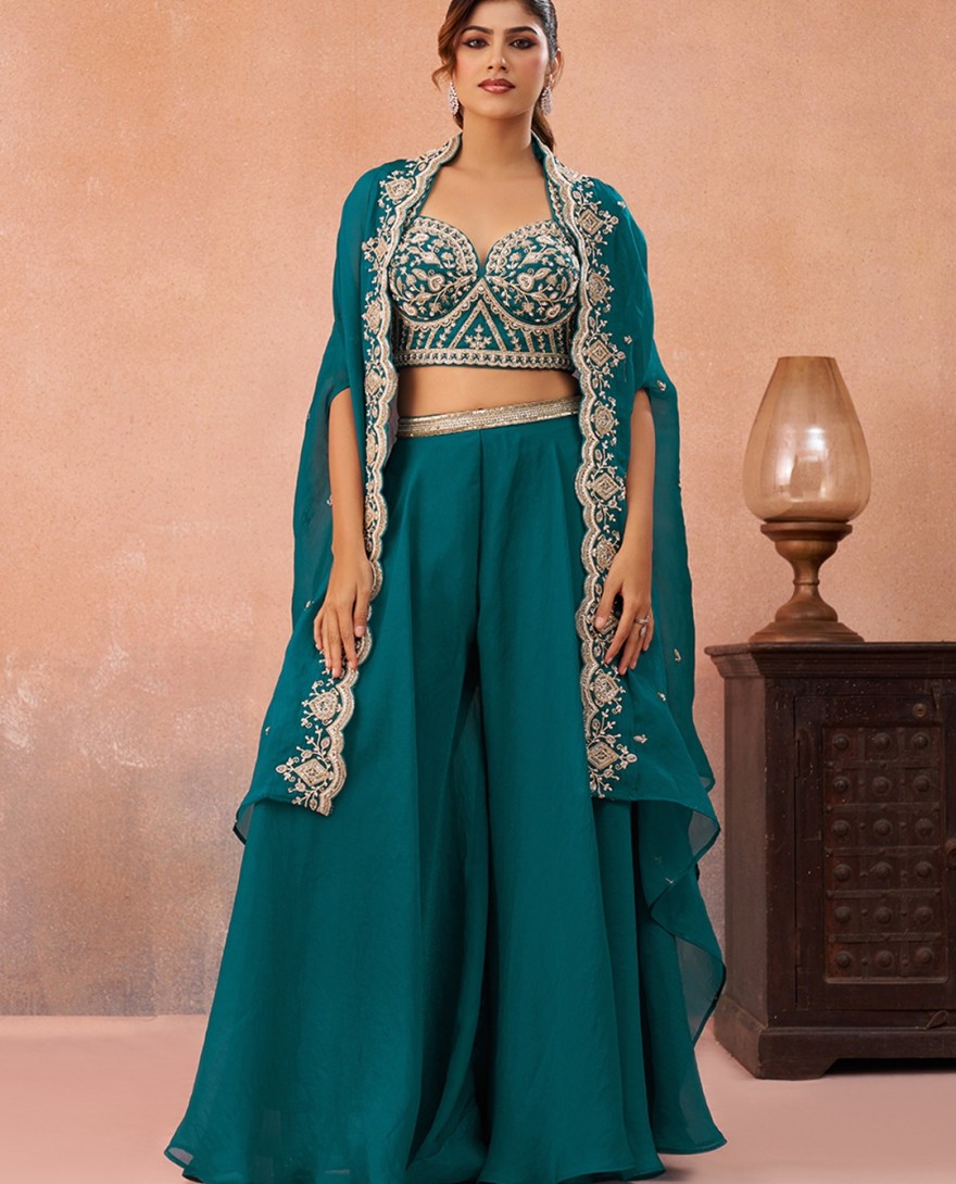 BLUE - Teal Blue Organza Beads Embroidered Crop Top with Flared Cape & Flared Palazzo Set