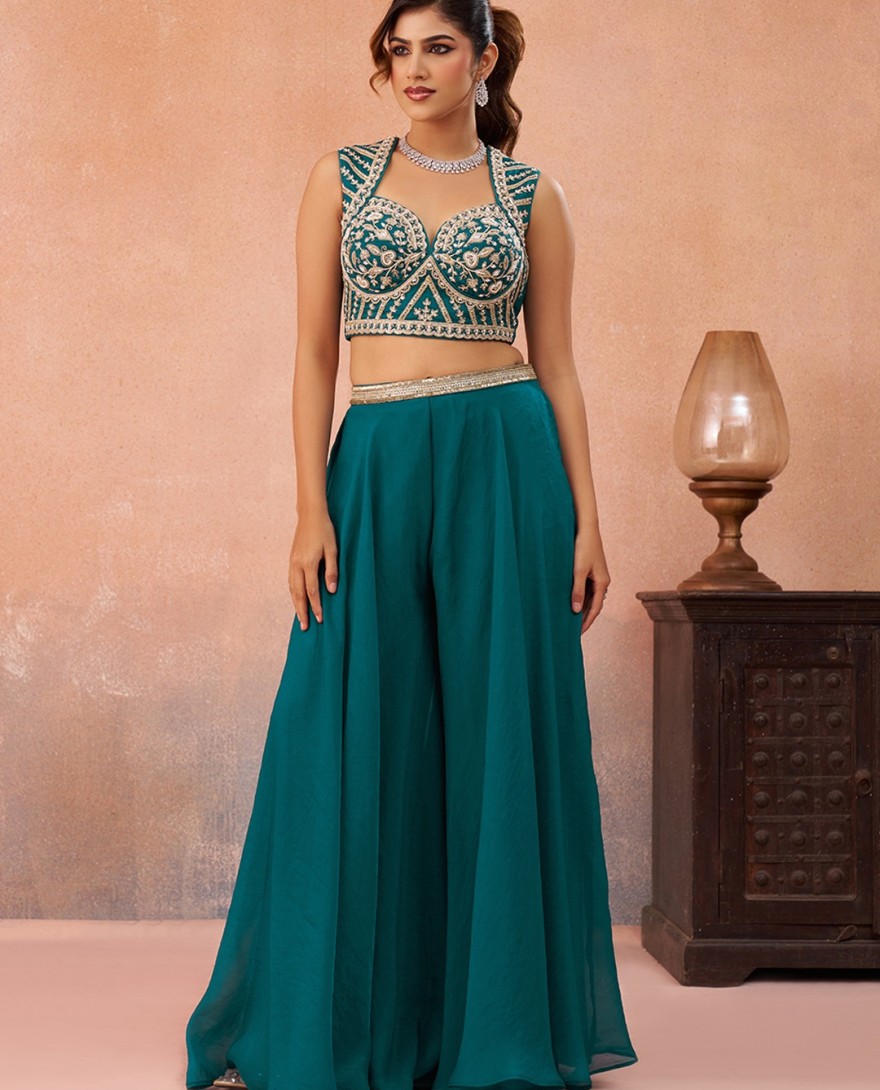 BLUE - Teal Blue Organza Beads Embroidered Crop Top with Flared Cape & Flared Palazzo Set
