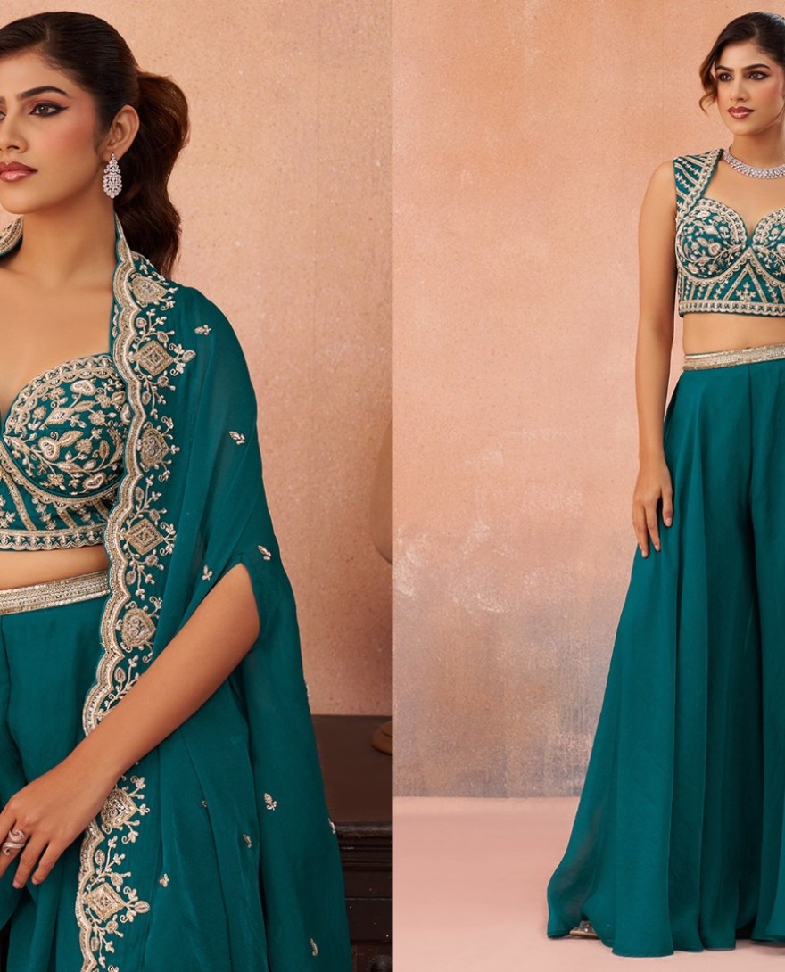 BLUE - Teal Blue Organza Beads Embroidered Crop Top with Flared Cape & Flared Palazzo Set