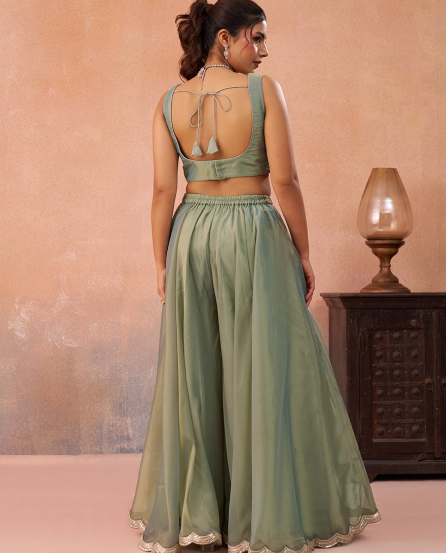 GREEN - Sea Green Tissue Floral Embroidered Crop Top with Jacket & Flared Palazzo Set