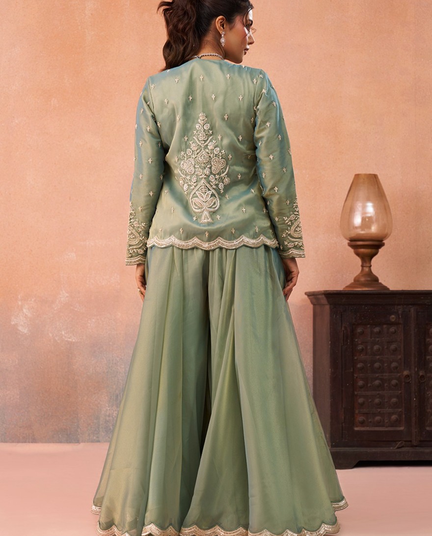 GREEN - Sea Green Tissue Floral Embroidered Crop Top with Jacket & Flared Palazzo Set