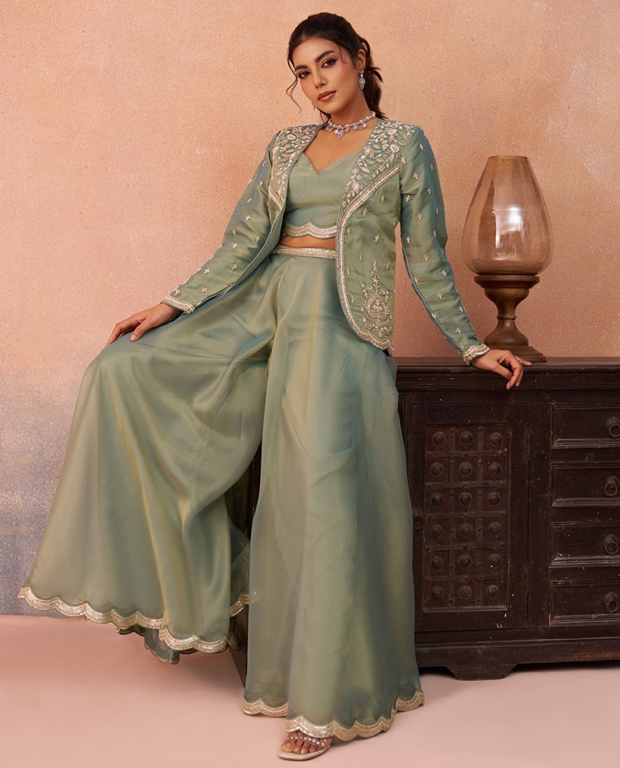 GREEN - Sea Green Tissue Floral Embroidered Crop Top with Jacket & Flared Palazzo Set