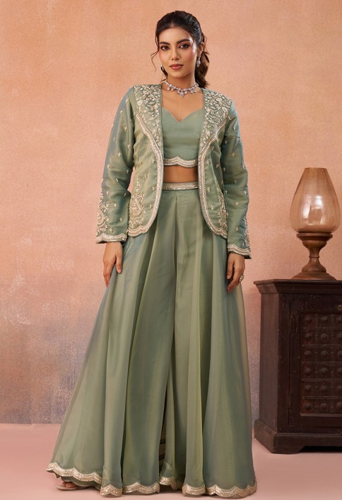 Sea Green Tissue Floral Embroidered Crop Top with Jacket & Flared Palazzo Set