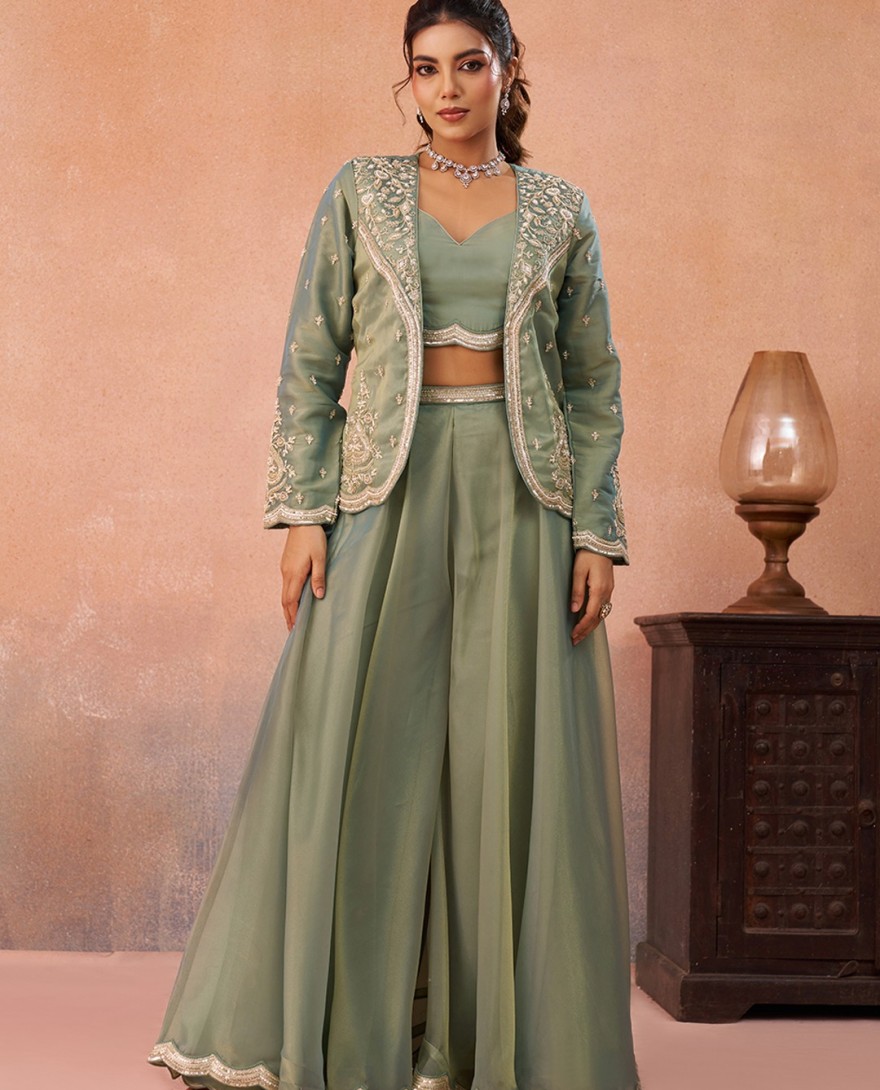 GREEN - Sea Green Tissue Floral Embroidered Crop Top with Jacket & Flared Palazzo Set