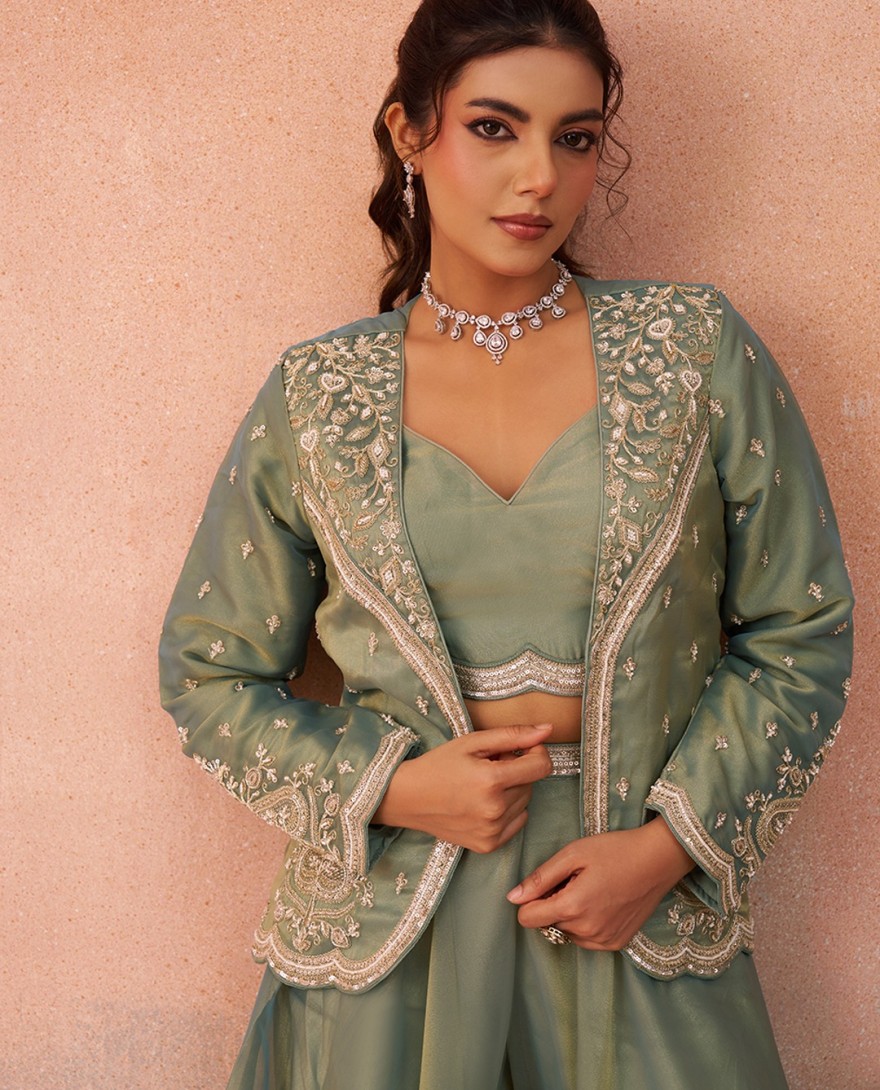 GREEN - Sea Green Tissue Floral Embroidered Crop Top with Jacket & Flared Palazzo Set