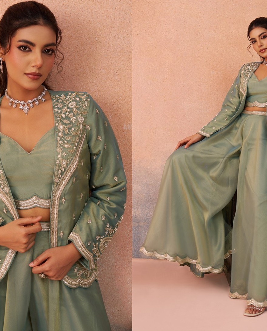 GREEN - Sea Green Tissue Floral Embroidered Crop Top with Jacket & Flared Palazzo Set
