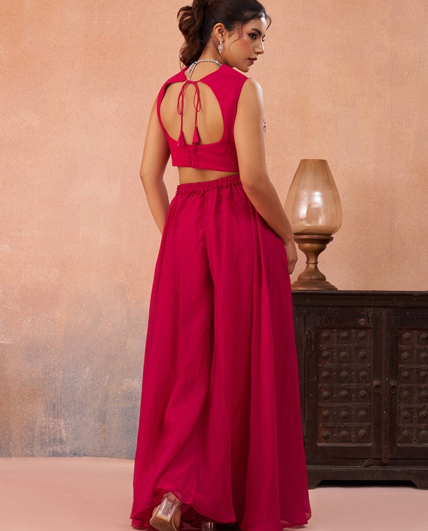 HOTPINK - Pink Organza Beads Embroidered Crop Top with Flared Cape & Flared Palazzo Set