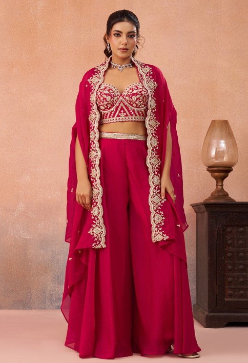 Pink Organza Beads Embroidered Crop Top with Flared Cape & Flared Palazzo Set