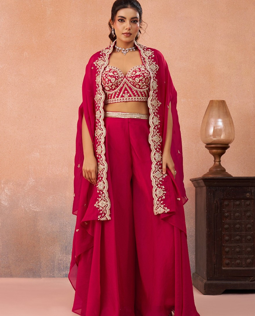 HOTPINK - Pink Organza Beads Embroidered Crop Top with Flared Cape & Flared Palazzo Set