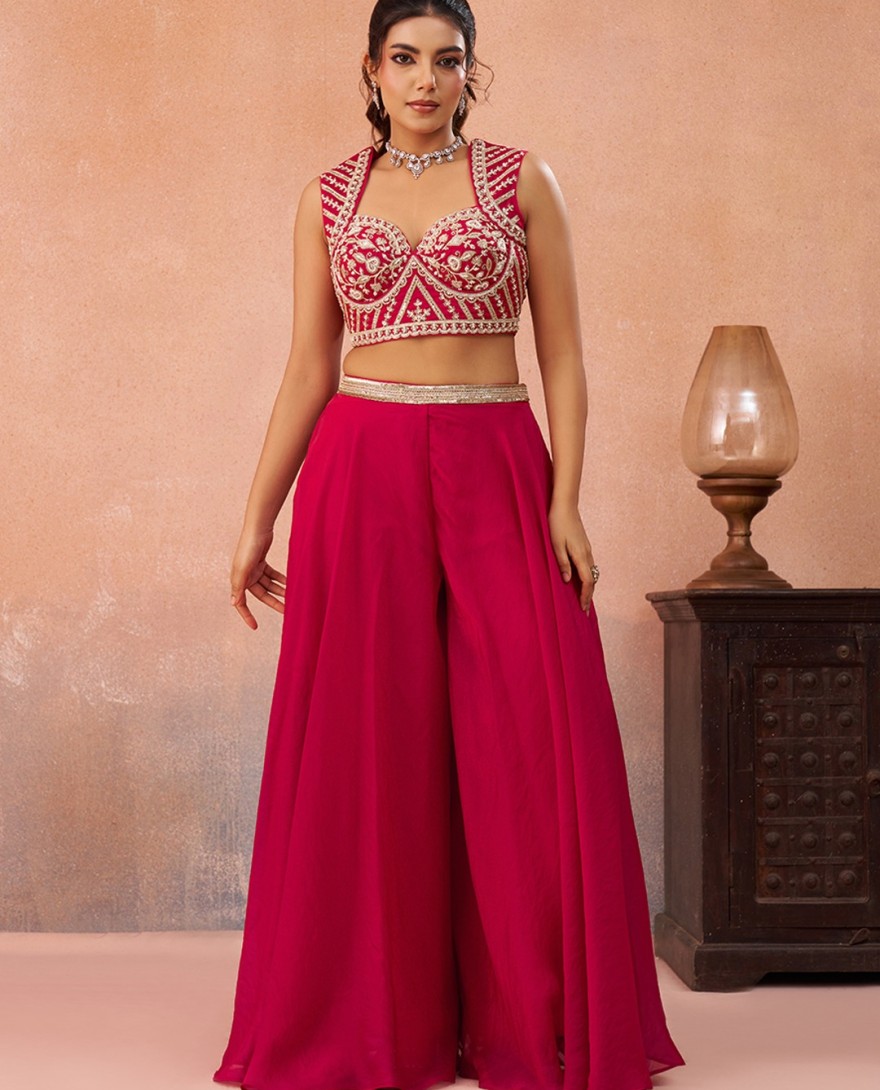HOTPINK - Pink Organza Beads Embroidered Crop Top with Flared Cape & Flared Palazzo Set