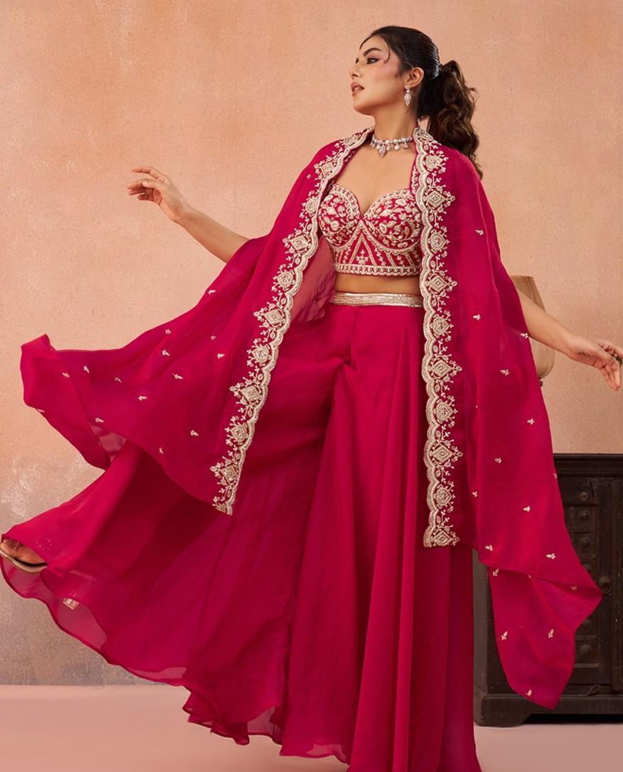 HOTPINK - Pink Organza Beads Embroidered Crop Top with Flared Cape & Flared Palazzo Set