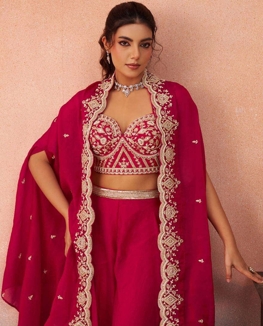 HOTPINK - Pink Organza Beads Embroidered Crop Top with Flared Cape & Flared Palazzo Set