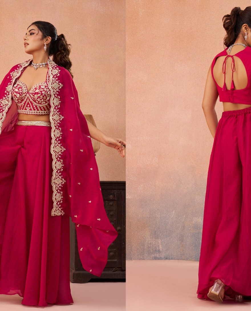 HOTPINK - Pink Organza Beads Embroidered Crop Top with Flared Cape & Flared Palazzo Set