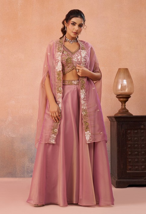 Pink Tissue Beads Embroidered Crop Top with Flared Cape & Flared Palazzo Set