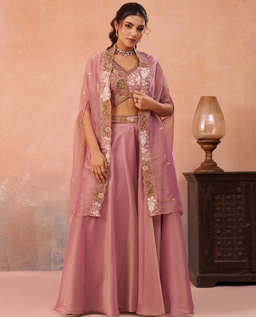 PINK - Pink Tissue Beads Embroidered Crop Top with Flared Cape & Flared Palazzo Set
