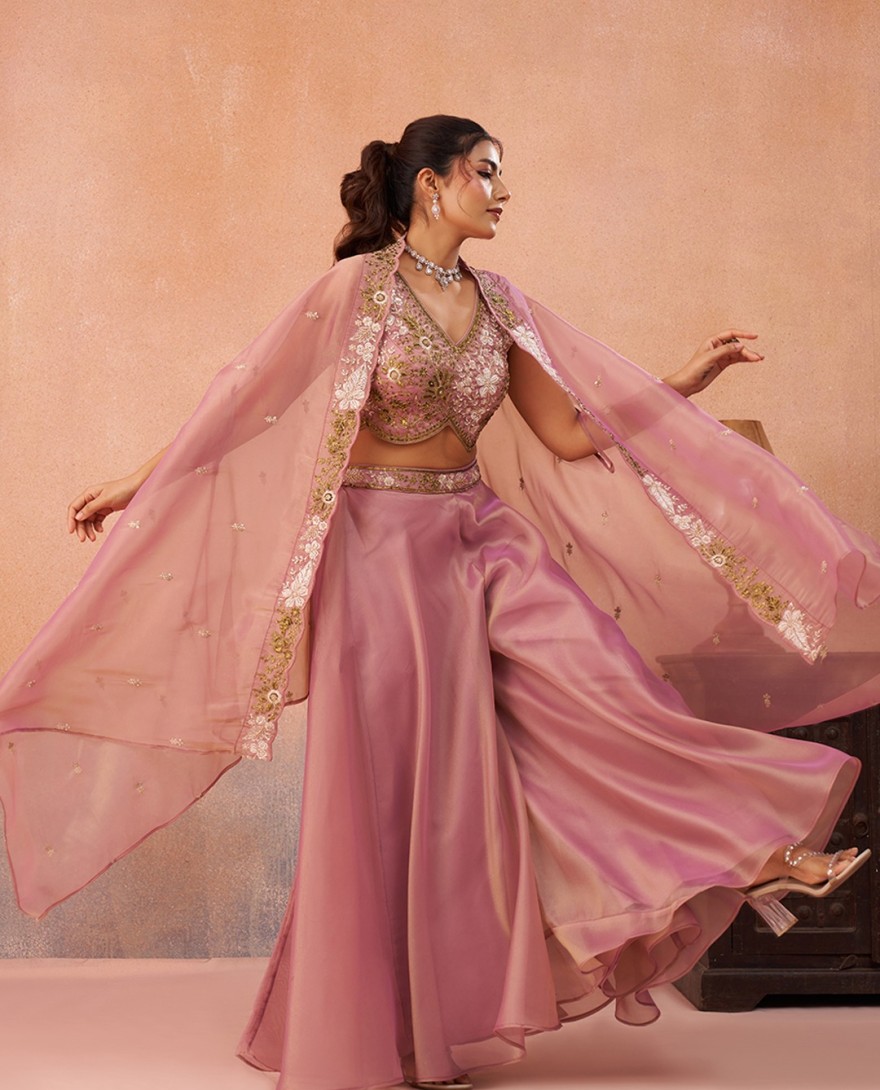 PINK - Pink Tissue Beads Embroidered Crop Top with Flared Cape & Flared Palazzo Set
