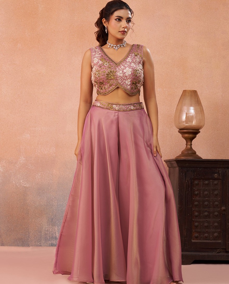 PINK - Pink Tissue Beads Embroidered Crop Top with Flared Cape & Flared Palazzo Set