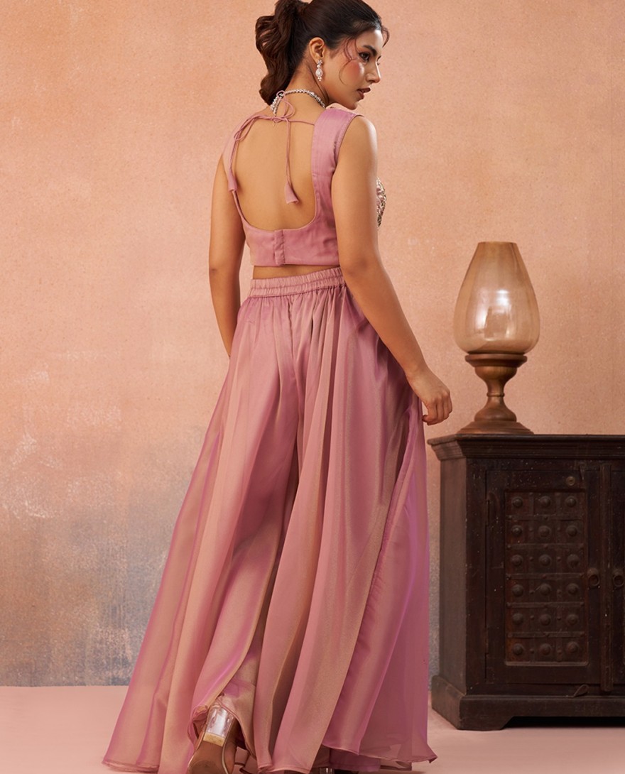 PINK - Pink Tissue Beads Embroidered Crop Top with Flared Cape & Flared Palazzo Set