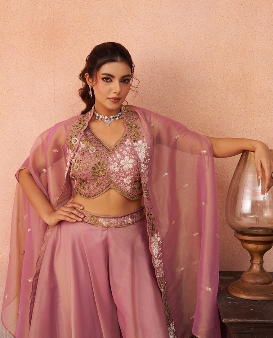 PINK - Pink Tissue Beads Embroidered Crop Top with Flared Cape & Flared Palazzo Set