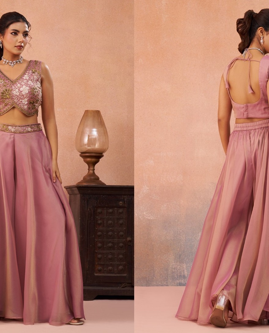 PINK - Pink Tissue Beads Embroidered Crop Top with Flared Cape & Flared Palazzo Set