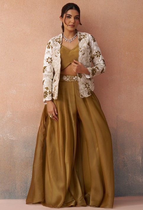 Golden Mustard & White Tissue Floral Embroidered Crop Top with Jacket & Palazzo Set