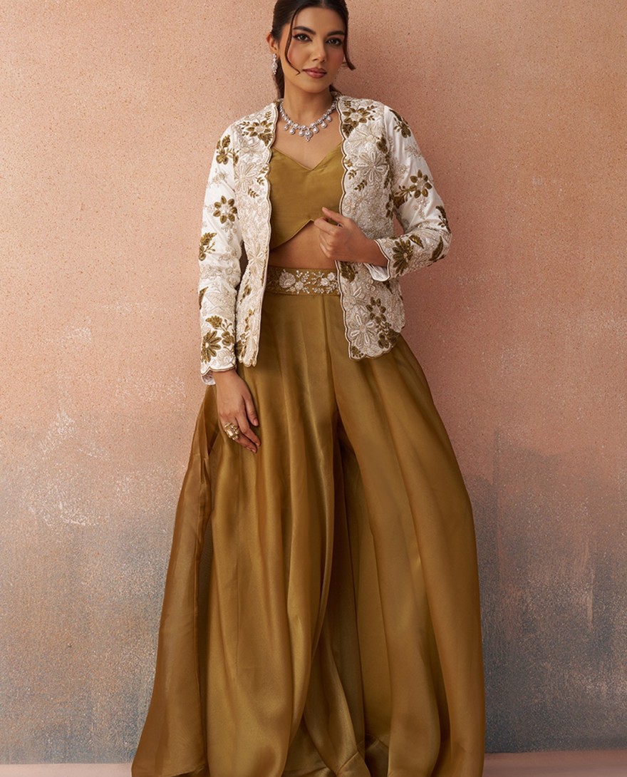 MUSTARD - Golden Mustard & White Tissue Floral Embroidered Crop Top with Jacket & Palazzo Set