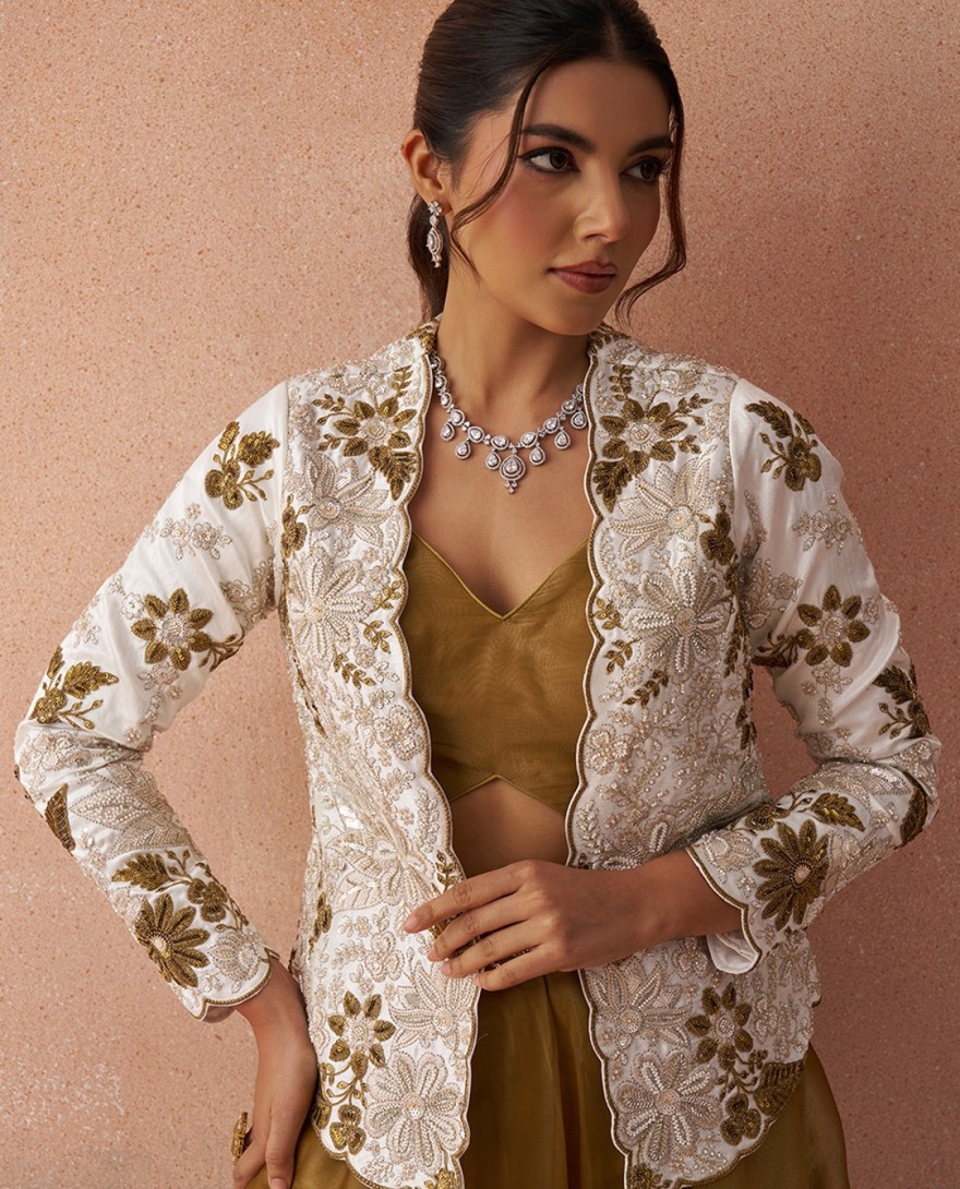 MUSTARD - Golden Mustard & White Tissue Floral Embroidered Crop Top with Jacket & Palazzo Set