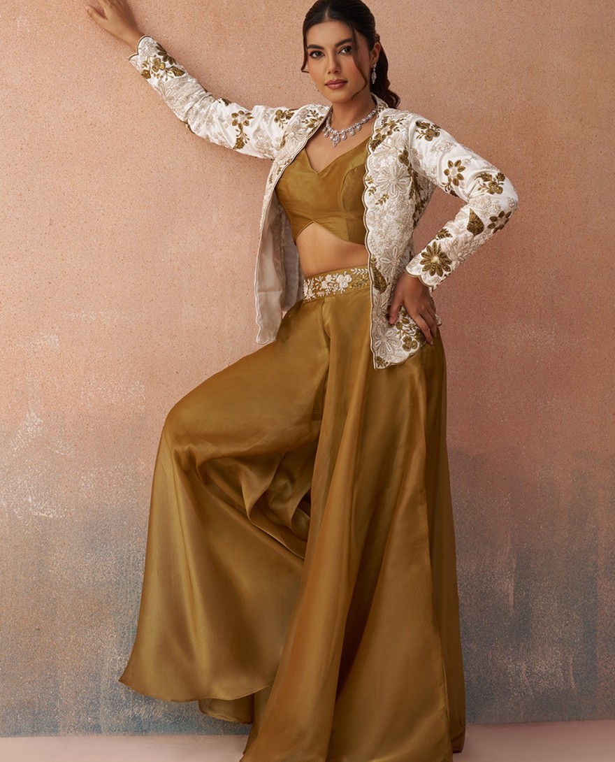MUSTARD - Golden Mustard & White Tissue Floral Embroidered Crop Top with Jacket & Palazzo Set