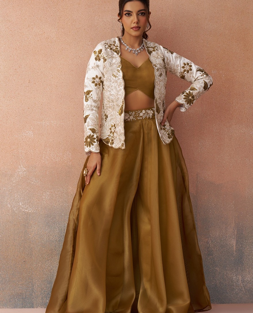 MUSTARD - Golden Mustard & White Tissue Floral Embroidered Crop Top with Jacket & Palazzo Set