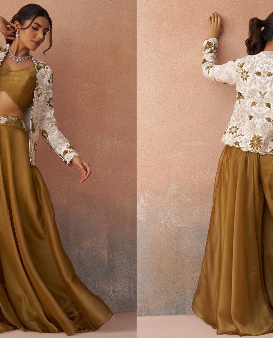 MUSTARD - Golden Mustard & White Tissue Floral Embroidered Crop Top with Jacket & Palazzo Set