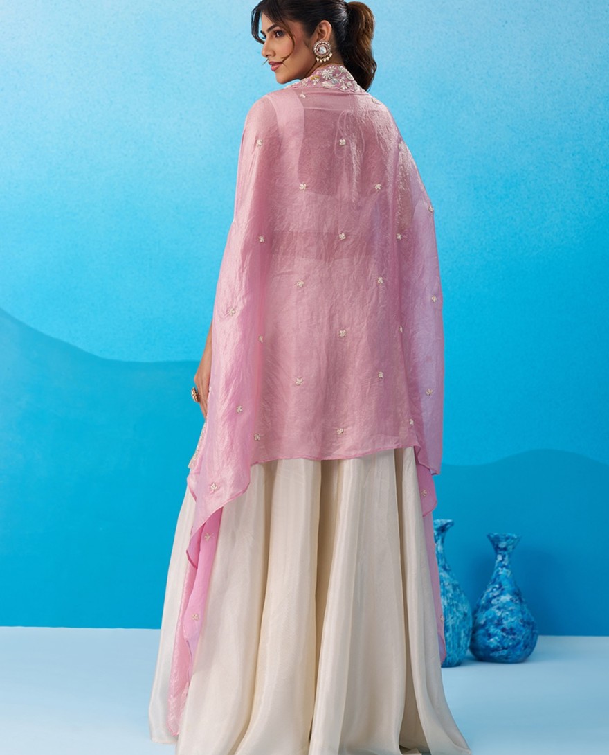 PINK - Cream & Pink Viscoce Beads Embroidered Crop Top with Flared Cape & Palazzo Set