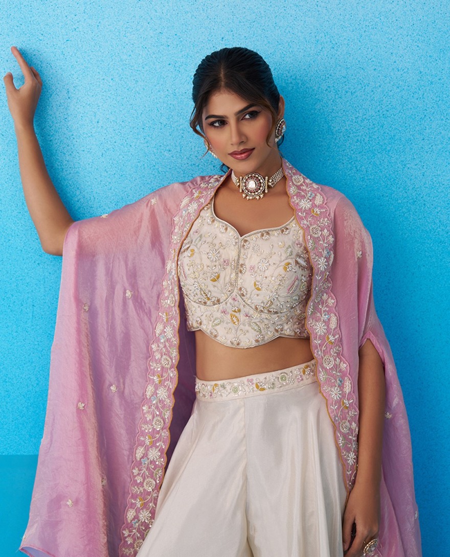 PINK - Cream & Pink Viscoce Beads Embroidered Crop Top with Flared Cape & Palazzo Set