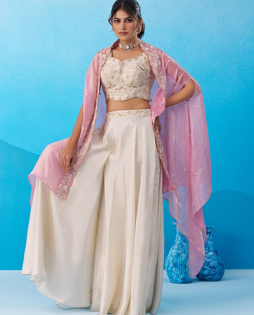 PINK - Cream & Pink Viscoce Beads Embroidered Crop Top with Flared Cape & Palazzo Set