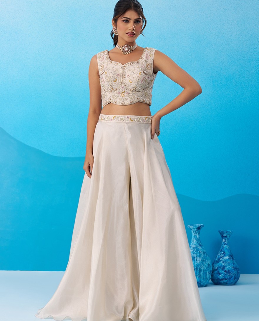 PINK - Cream & Pink Viscoce Beads Embroidered Crop Top with Flared Cape & Palazzo Set