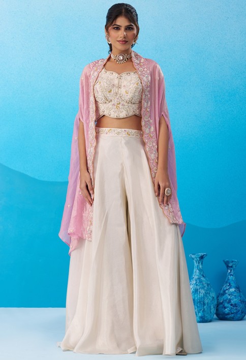 Cream & Pink Viscoce Beads Embroidered Crop Top with Flared Cape & Palazzo Set