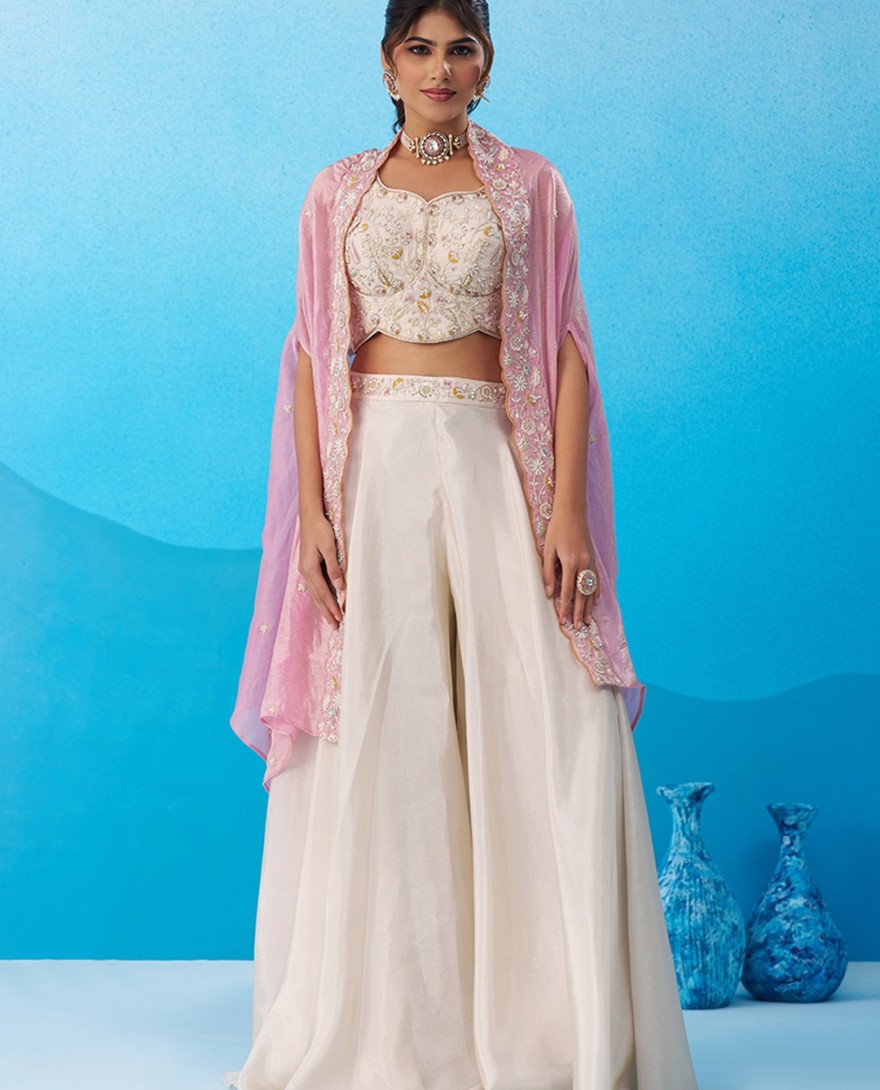 PINK - Cream & Pink Viscoce Beads Embroidered Crop Top with Flared Cape & Palazzo Set