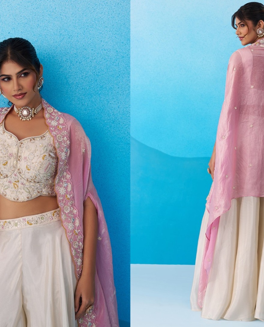 PINK - Cream & Pink Viscoce Beads Embroidered Crop Top with Flared Cape & Palazzo Set