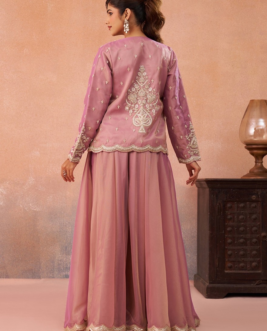 PINK - Pink Tissue Floral Embroidered Crop Top with Jacket & Flared Palazzo Set