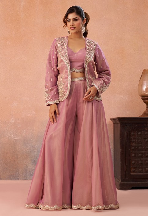 Pink Tissue Floral Embroidered Crop Top with Jacket & Flared Palazzo Set