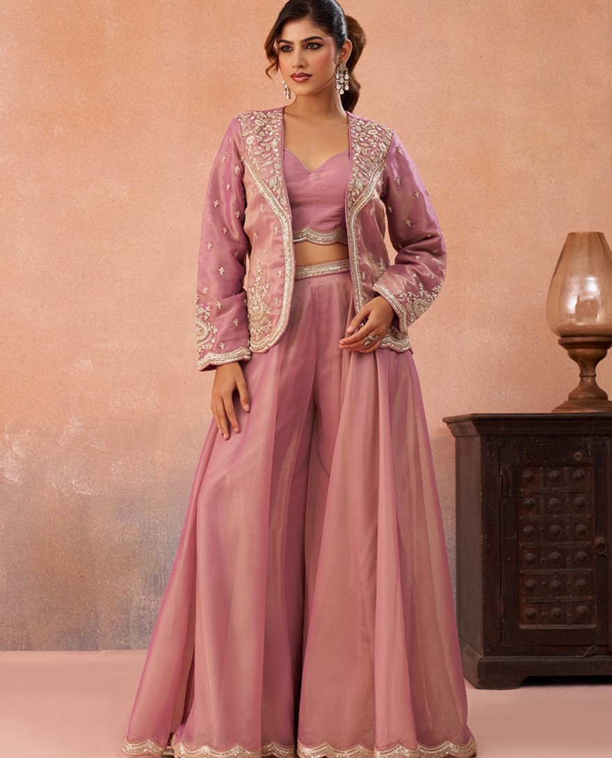 PINK - Pink Tissue Floral Embroidered Crop Top with Jacket & Flared Palazzo Set
