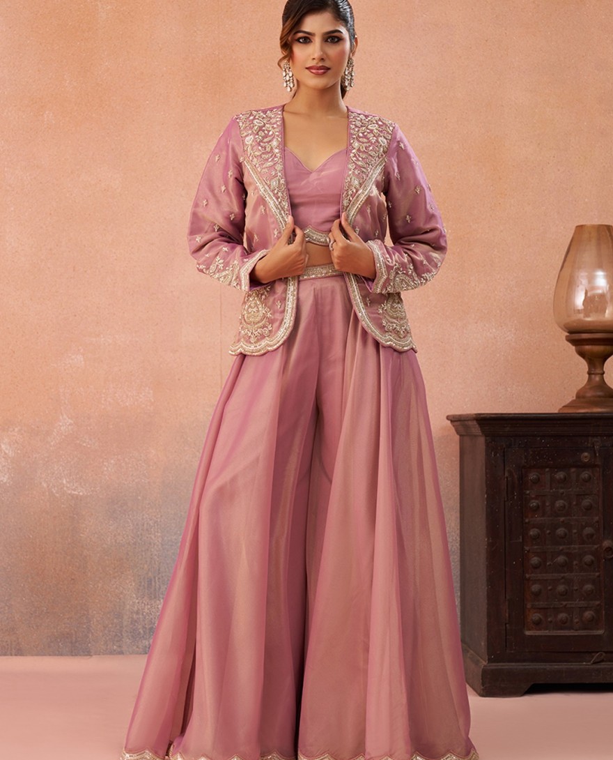 PINK - Pink Tissue Floral Embroidered Crop Top with Jacket & Flared Palazzo Set