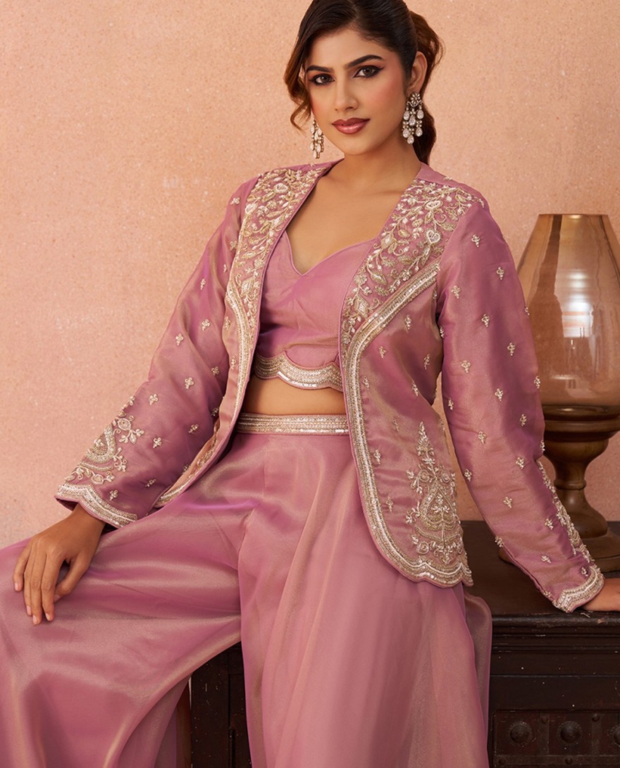 PINK - Pink Tissue Floral Embroidered Crop Top with Jacket & Flared Palazzo Set