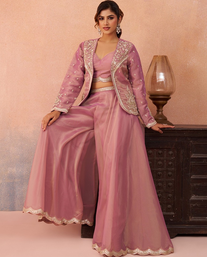 PINK - Pink Tissue Floral Embroidered Crop Top with Jacket & Flared Palazzo Set