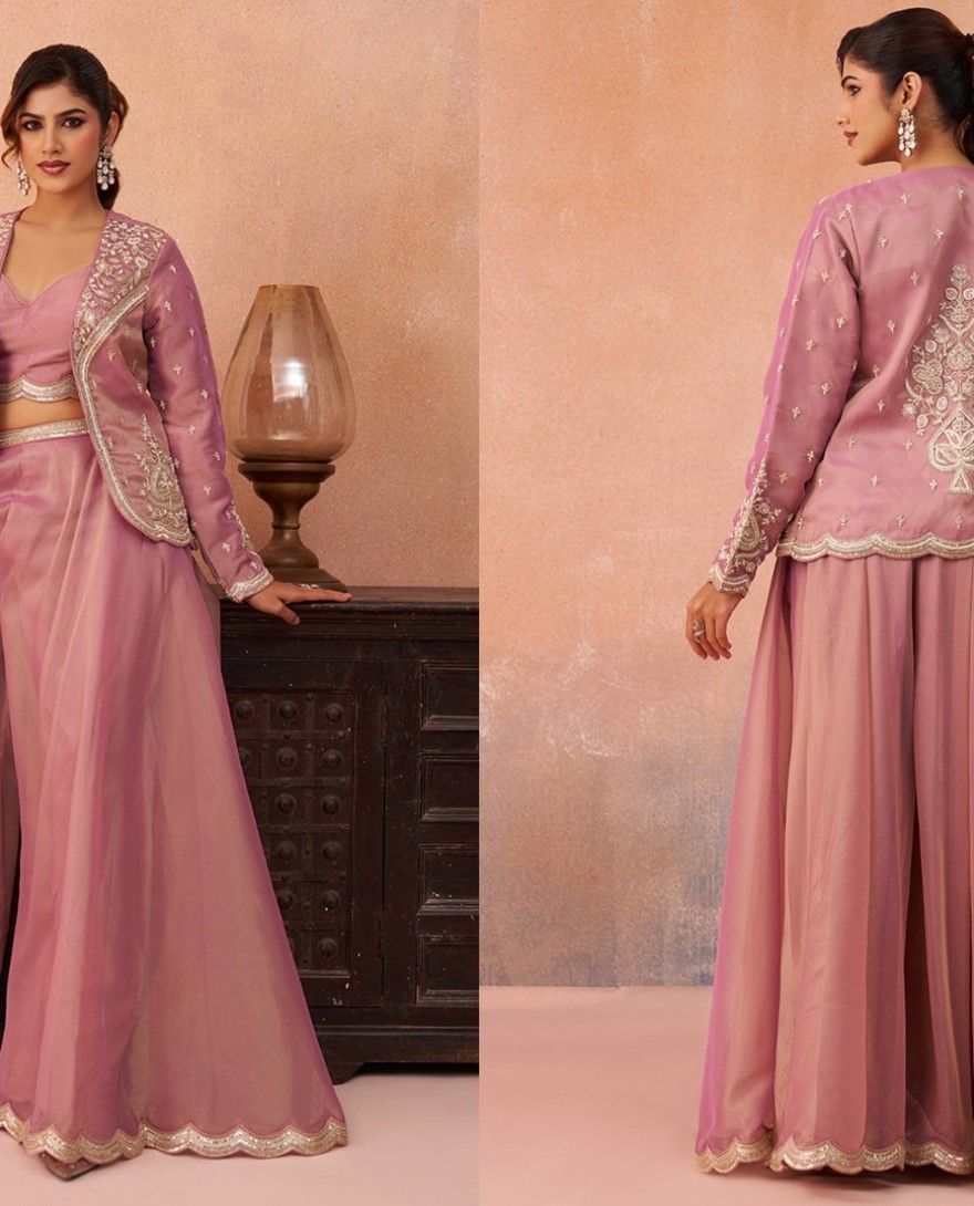 PINK - Pink Tissue Floral Embroidered Crop Top with Jacket & Flared Palazzo Set