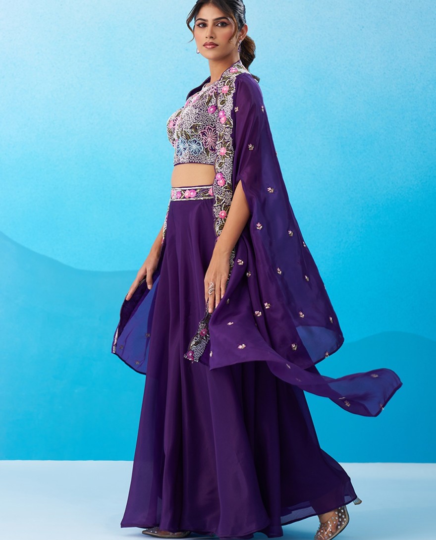 PURPLE - Royal Purple Crepe Beads Embroidered Crop Top with Flared Cape & Flared Palazzo Set