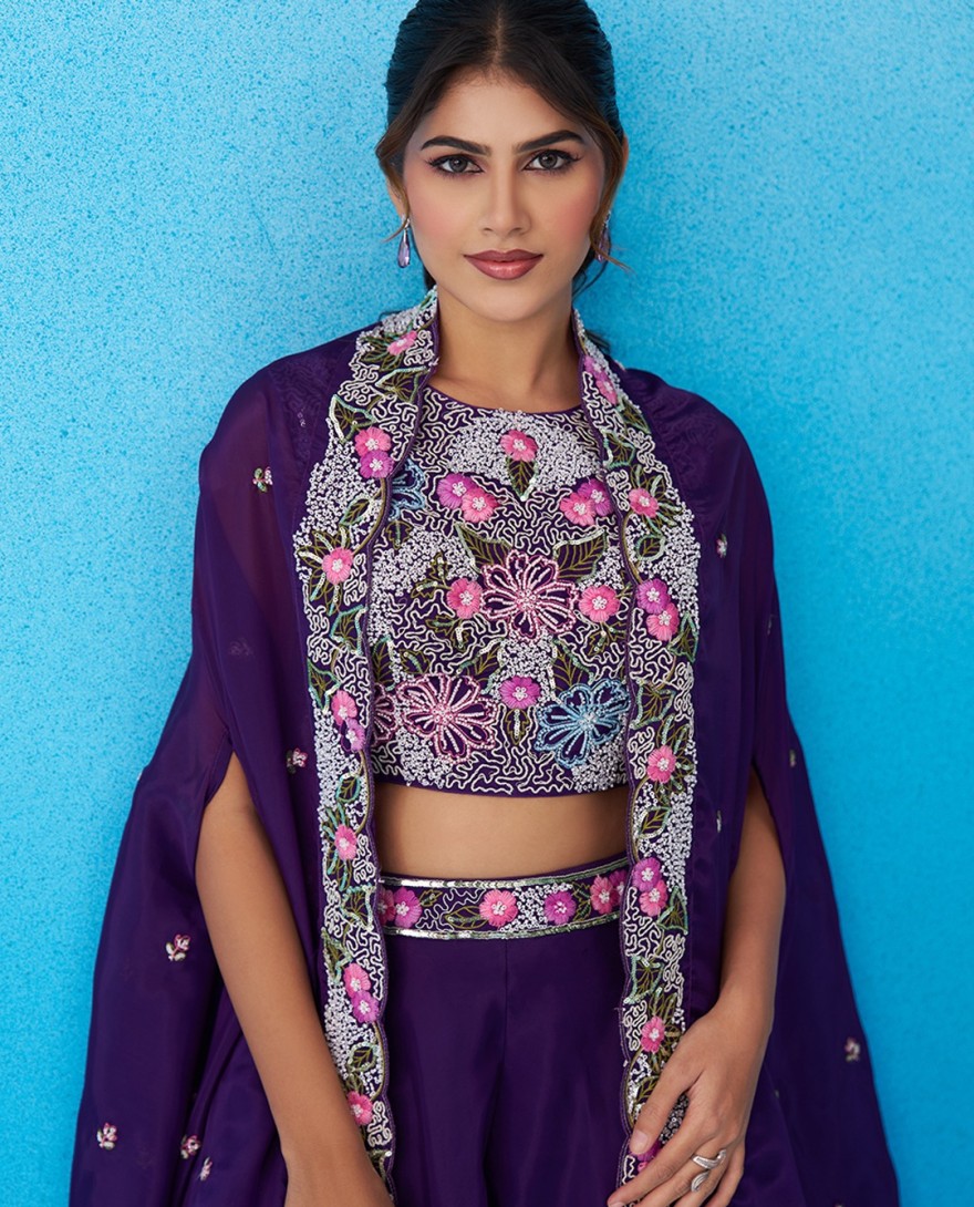 PURPLE - Royal Purple Crepe Beads Embroidered Crop Top with Flared Cape & Flared Palazzo Set