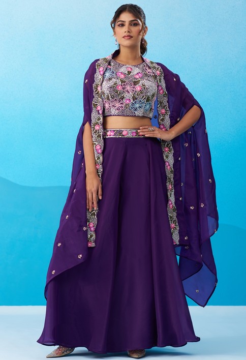 Royal Purple Crepe Beads Embroidered Crop Top with Flared Cape & Flared Palazzo Set
